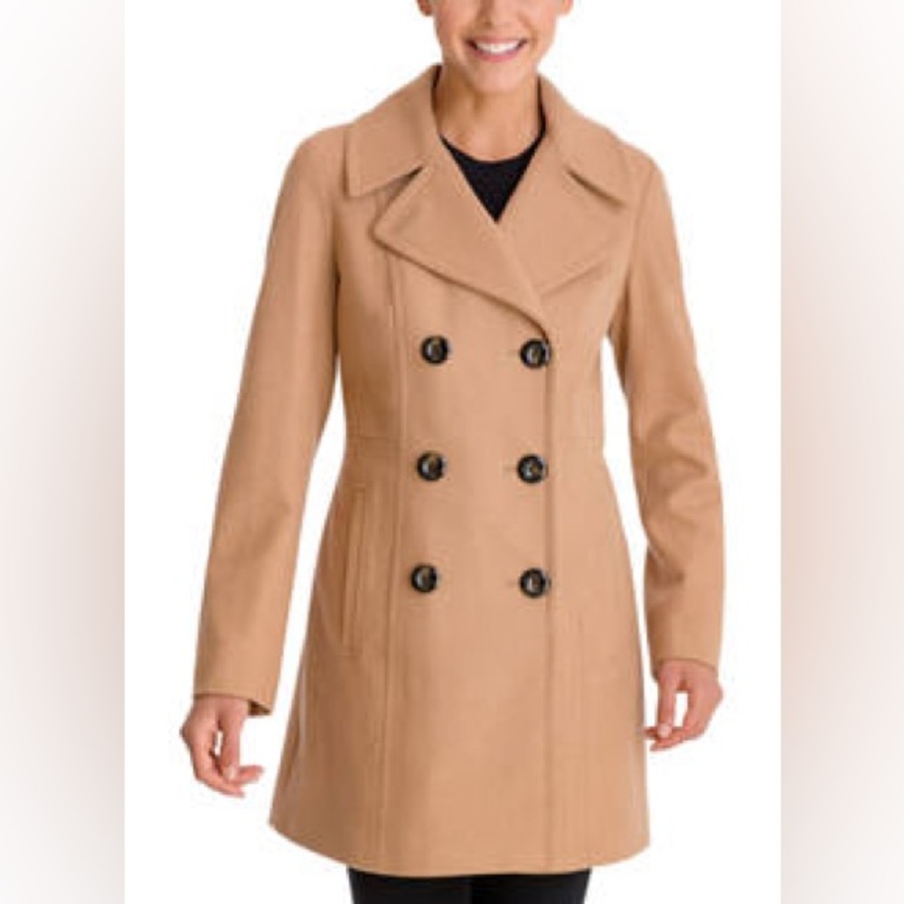Anne Klein Camel Double-Breasted Pea Coat
